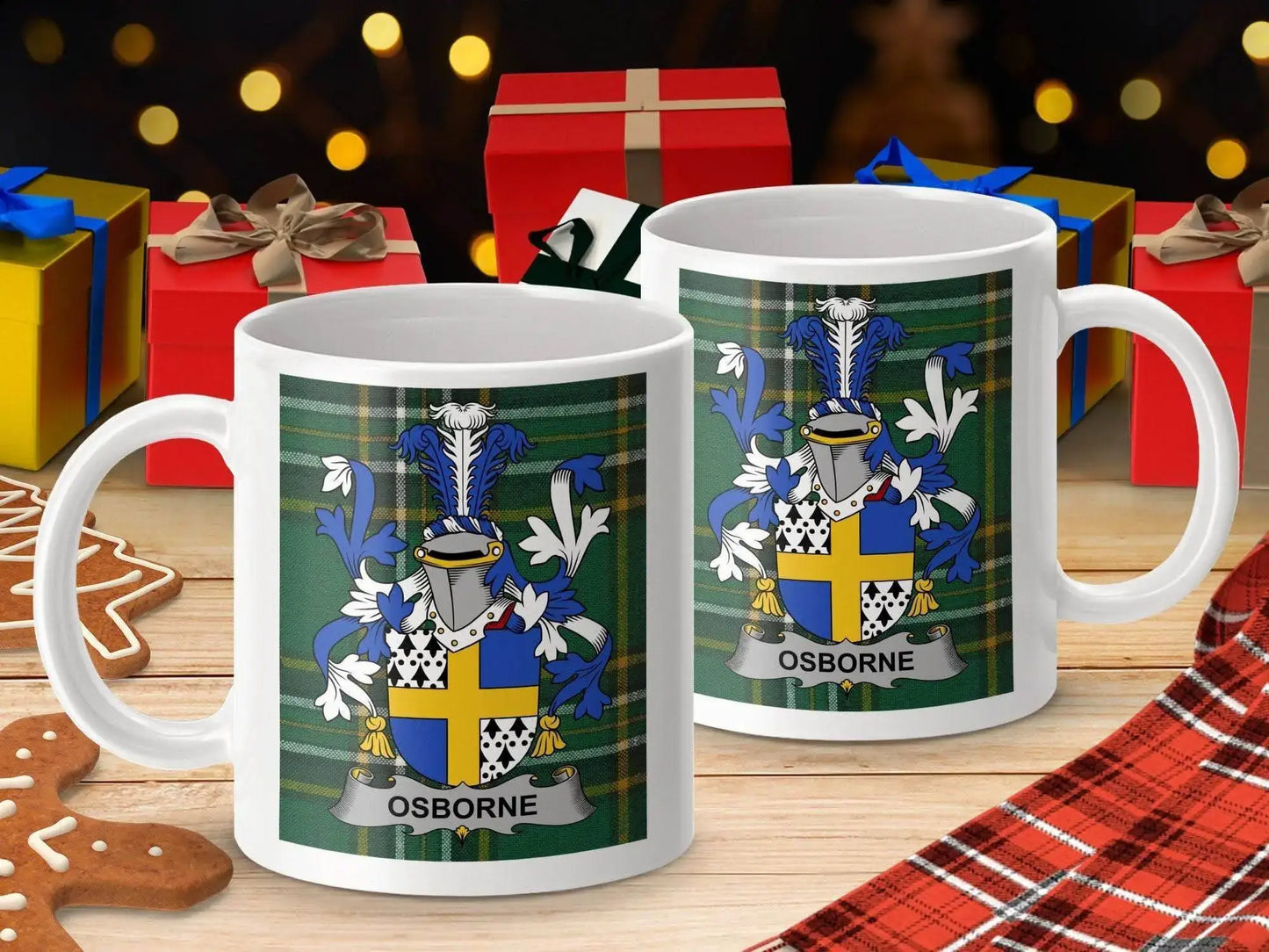 Osborne Family Crest on Irish Tartan Background Mug - Celtic Ancestry Gifts