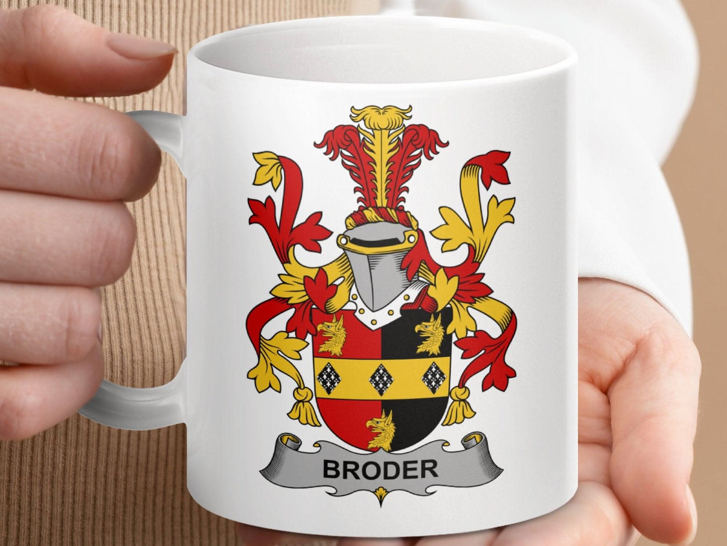 Broder Surname Irish Family Crest Design Printed Mug - Celtic Ancestry Gifts