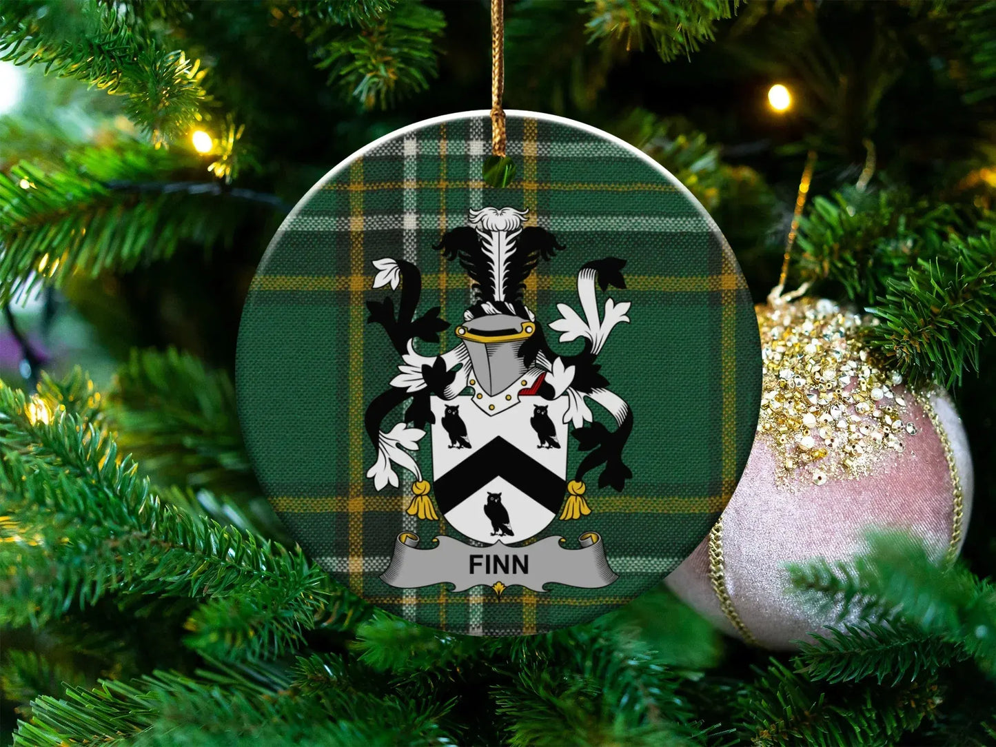 Custom Family Crest Plaid Design Holiday Ornament product type
