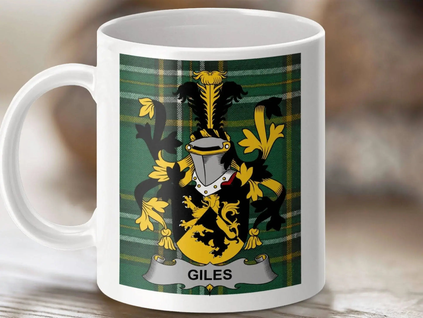 Giles Surname Family Crest Irish Tartan Mug - Celtic Ancestry Gifts