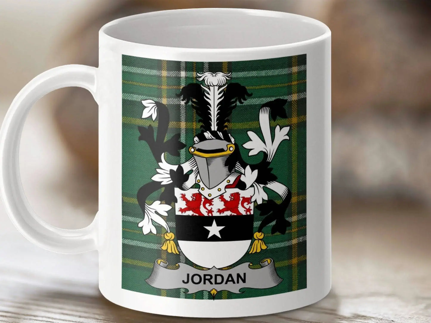 Jordan Surname Family Crest on Irish National Tartan Mug - Celtic Ancestry Gifts