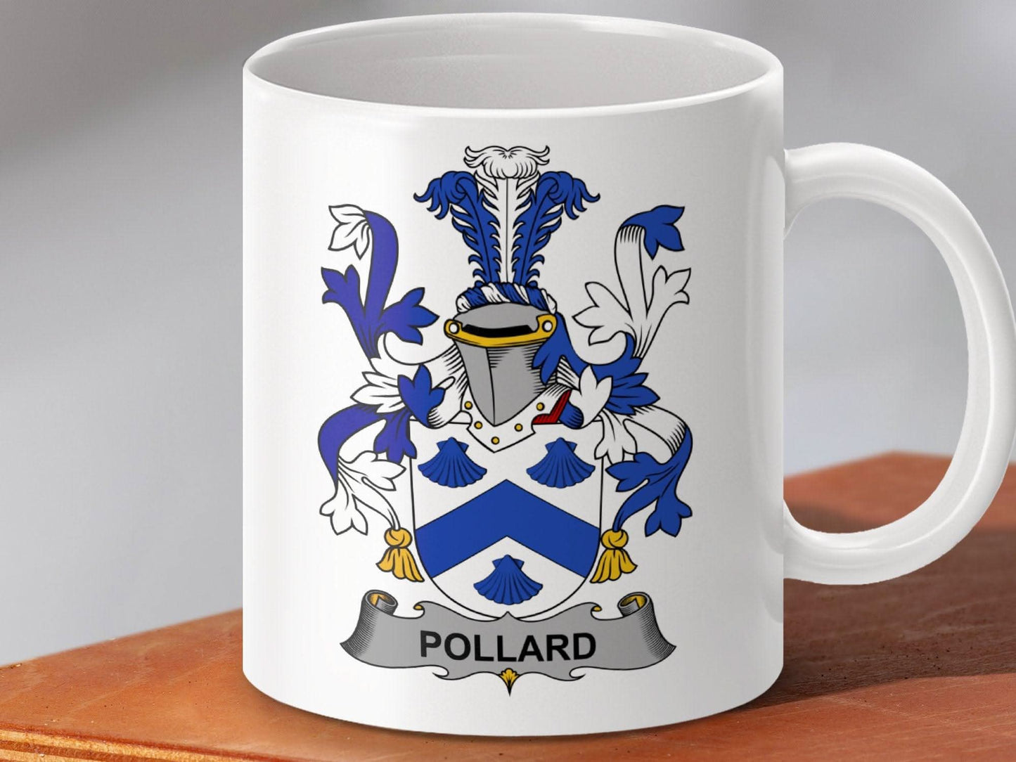 Pollard Surname Blue and White Family Crest Mug - Celtic Ancestry Gifts