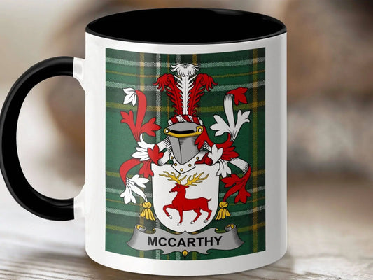 McCarthy Surname Coat of Arms Irish Tartan Mug - Celtic Ancestry Gifts