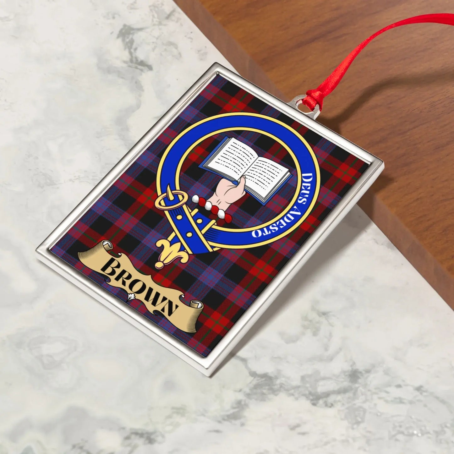 Personalized Brown Crest Plaid Rectangular Ornament product