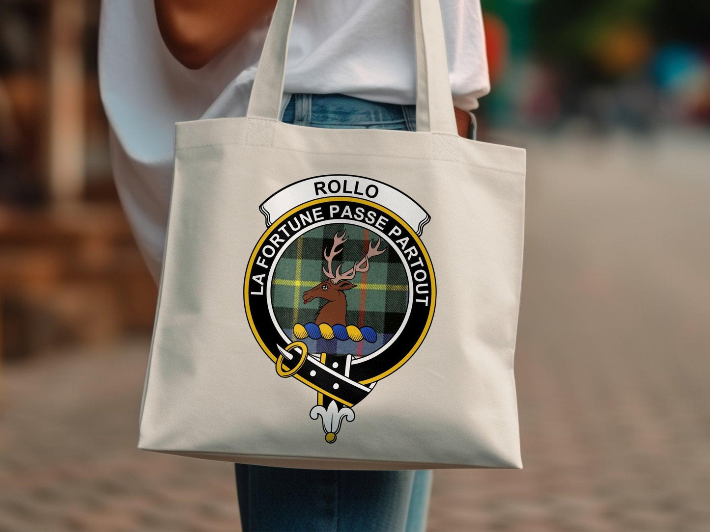 Rollo Scottish Clan Crest Tartan Tote Bags - Celtic Ancestry Gifts