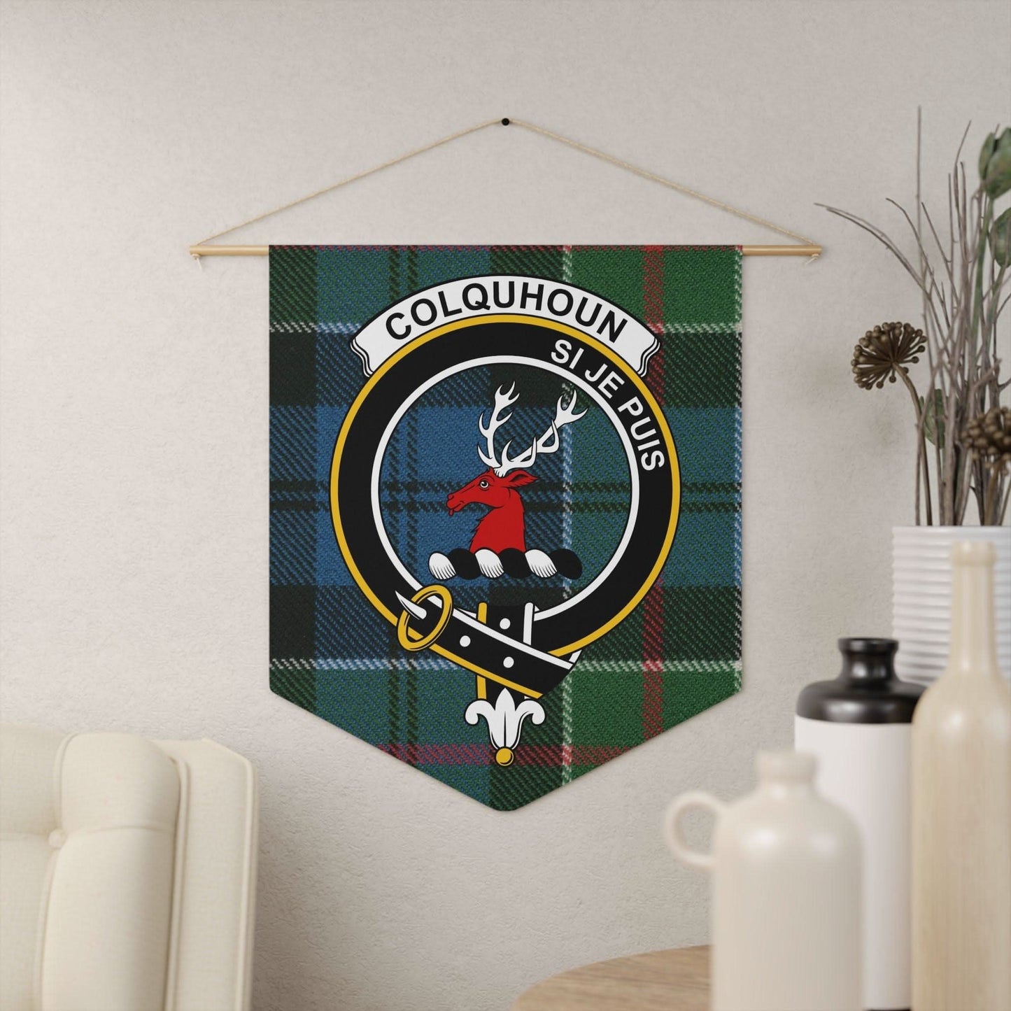 Colquhoun Clan Síol Cumhais Deer and Swords Wall Pennant - Celtic Ancestry Gifts
