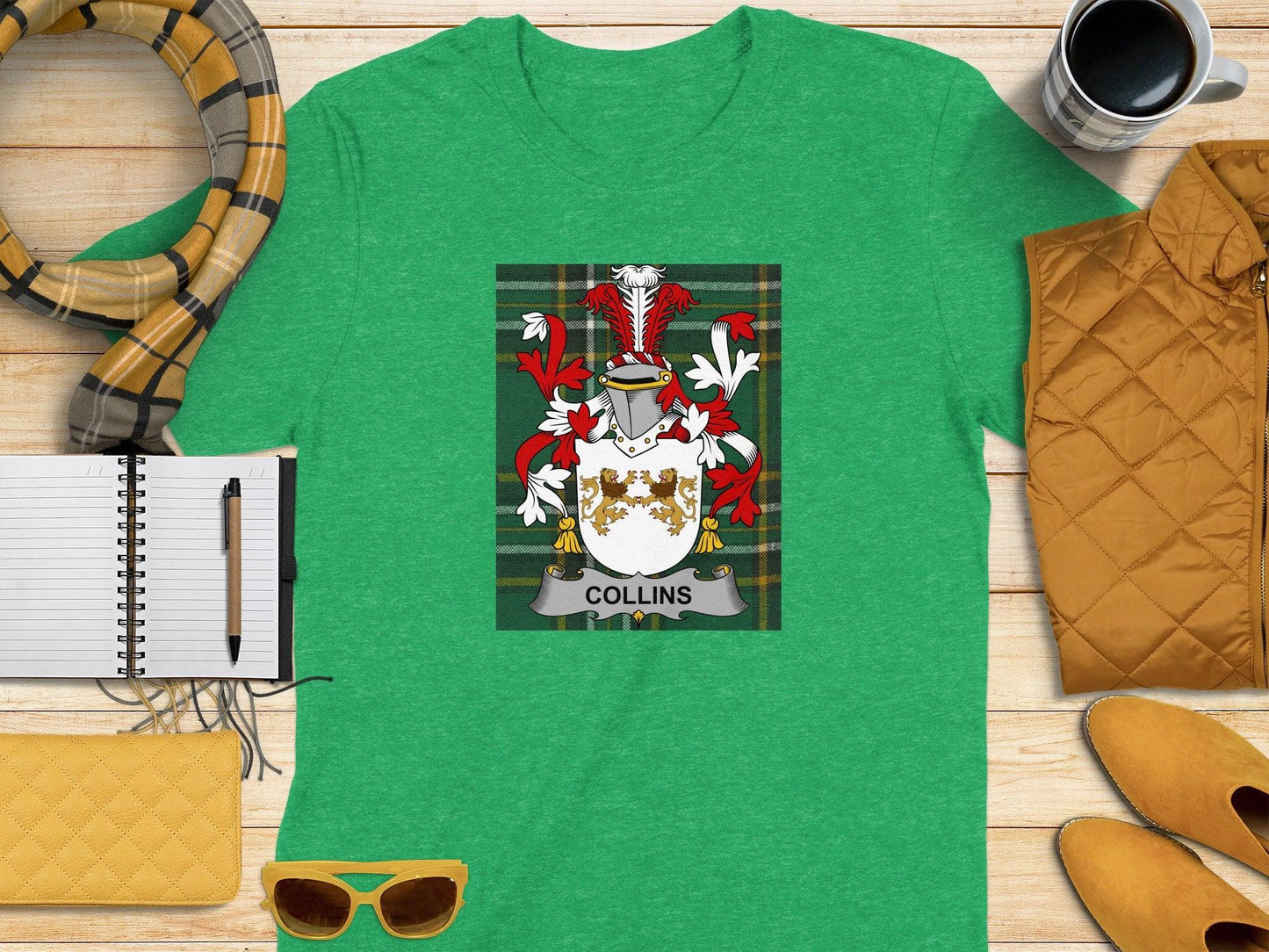 Collins Coat of Arms on Irish National Tartan T-Shirt - Celtic Ancestry Gifts