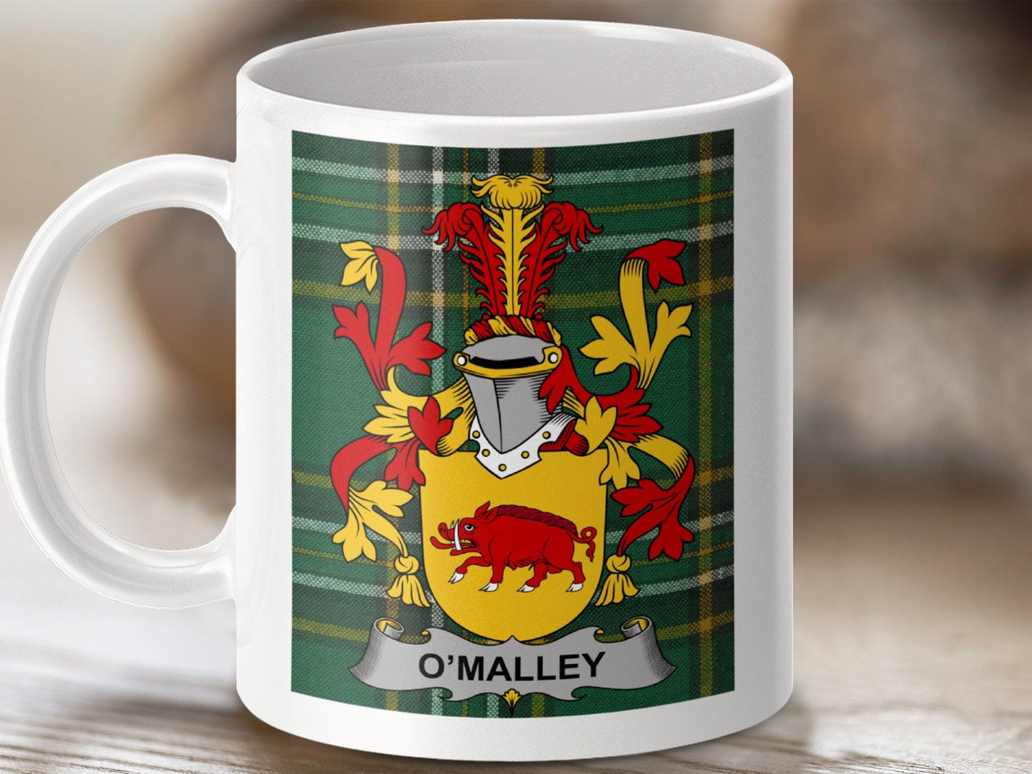 OMalley Surname Family Crest Irish National Tartan Mug - Celtic Ancestry Gifts