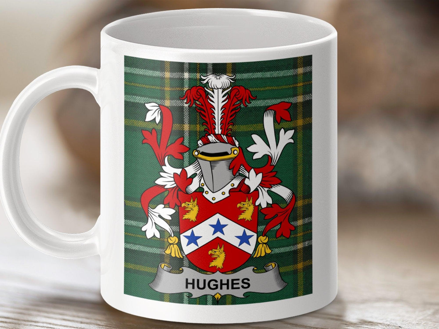Hughes Surname Family Crest Irish Tartan Mug - Celtic Ancestry Gifts