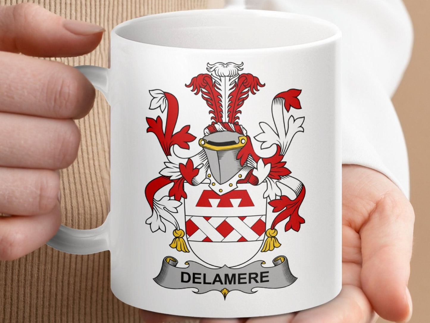 Delamere Surname Irish Family Crest Mug - Celtic Ancestry Gifts