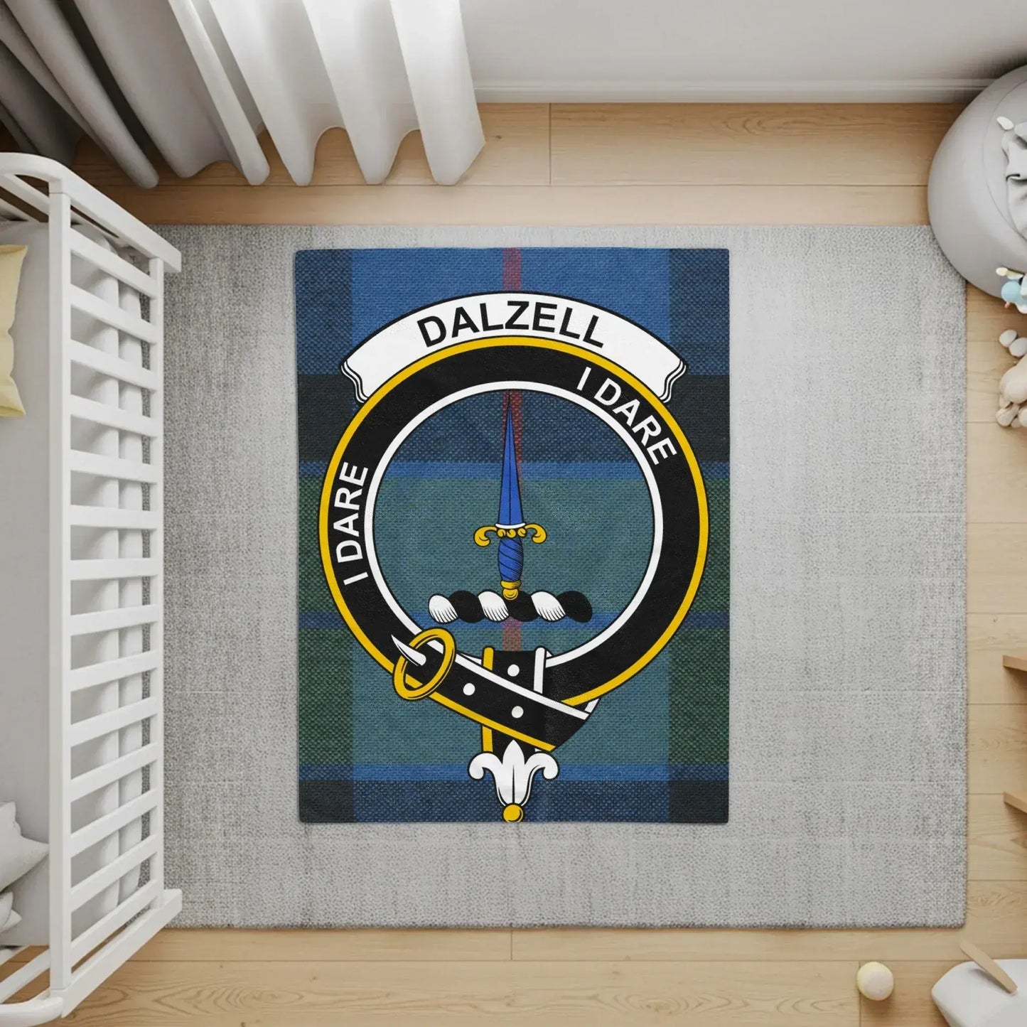 Dalzell I Dare Crest Emblem on Blue Plaid Rug product