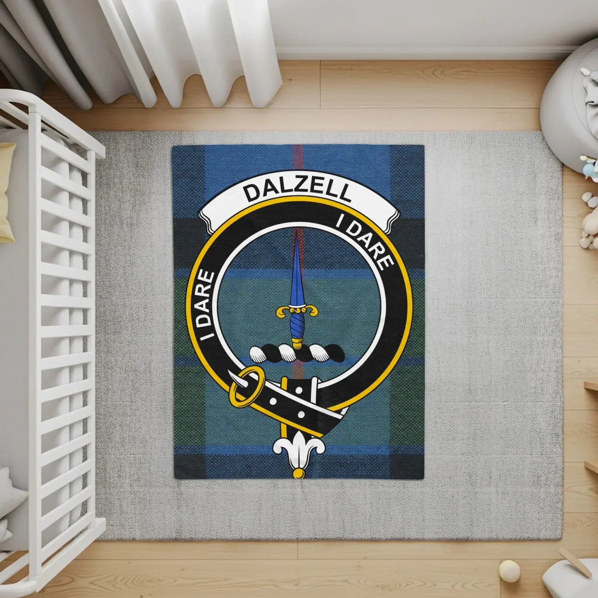 Dalzell I Dare Crest Emblem on Blue Plaid Rug product
