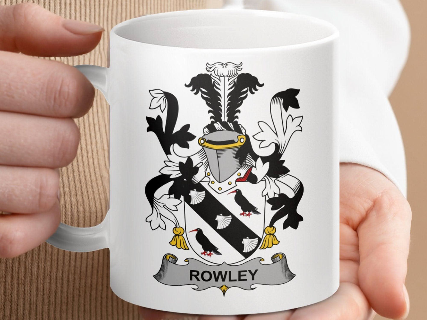 Rowley Family Heraldic Coat of Arms Crest Mug - Celtic Ancestry Gifts