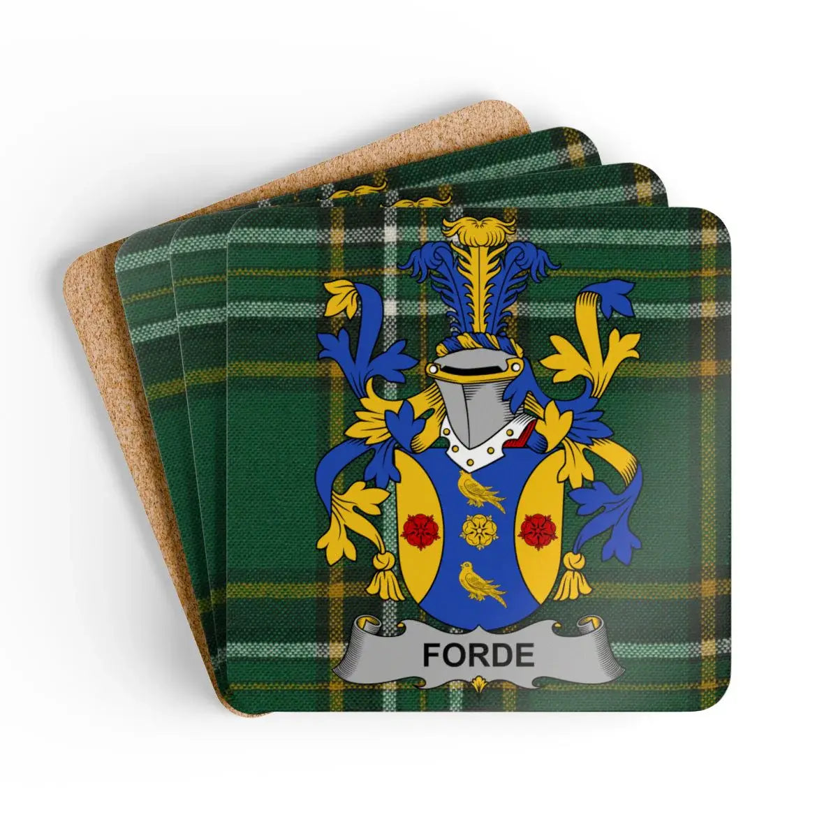 Personalized Family Crest Forde Green Plaid Coaster Set product