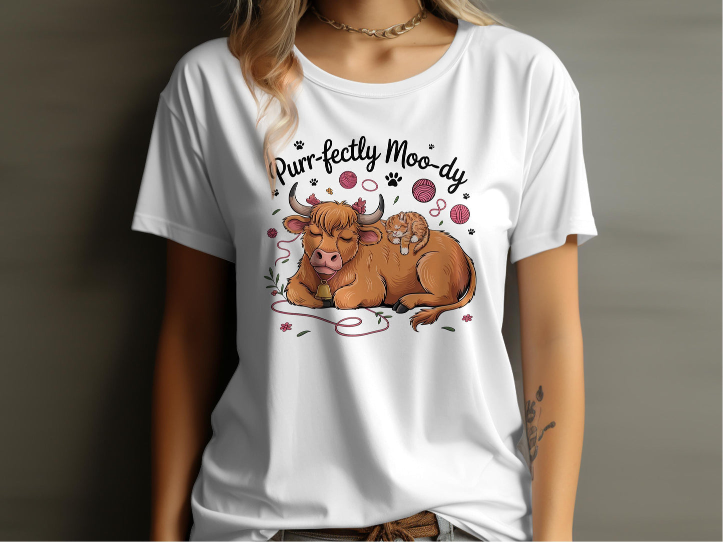 Purr-fectly Moo-dy Cow and Cat Cartoon Art T-Shirt - Celtic Ancestry Gifts