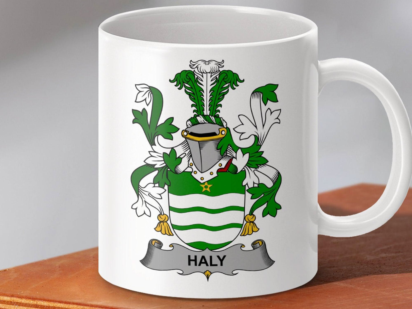 Haly Surname Irish Family Crest Coat Of Arms Design Mug - Celtic Ancestry Gifts