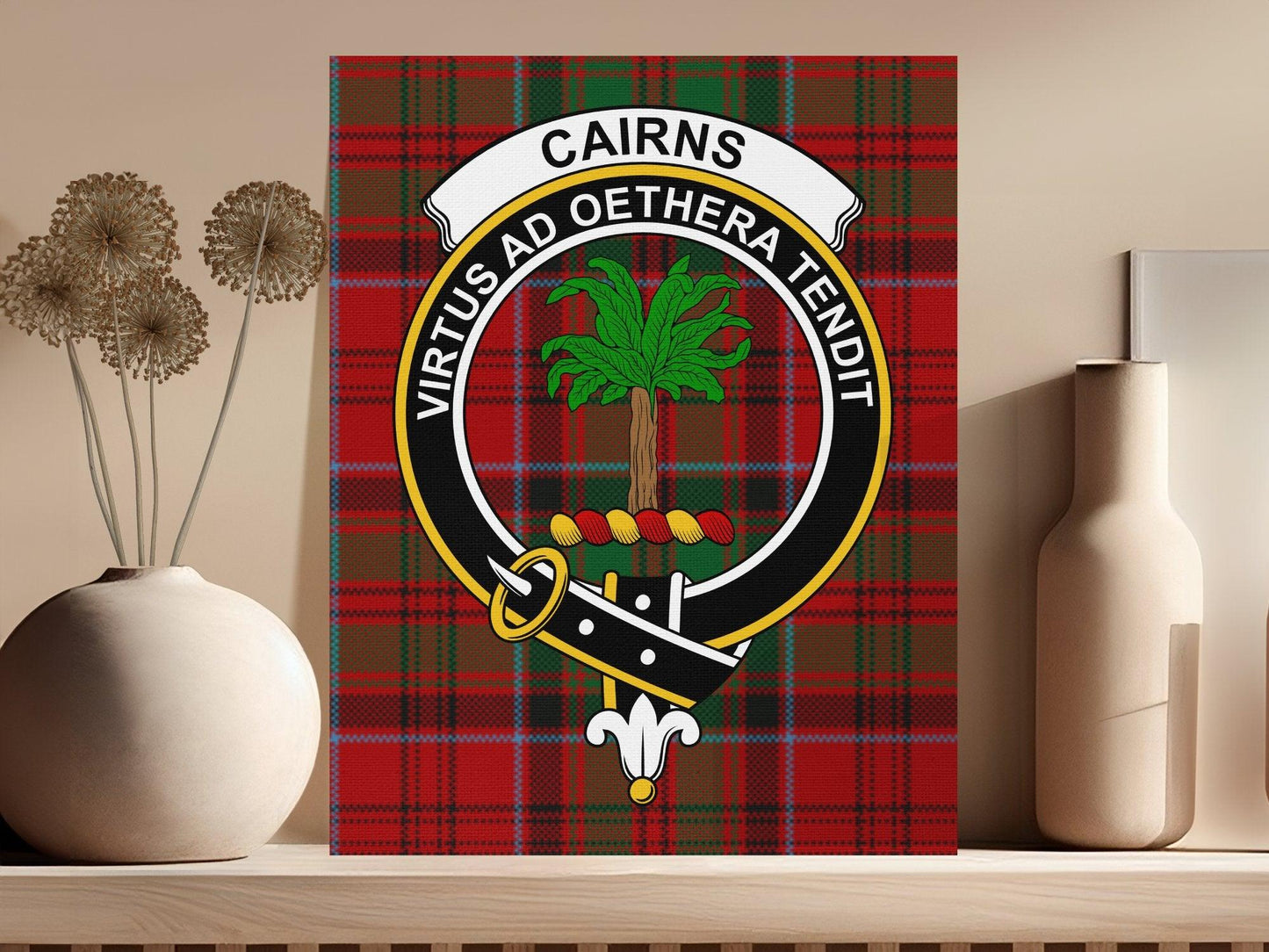 Cairns Clan Crest Badge with Tartan Background product