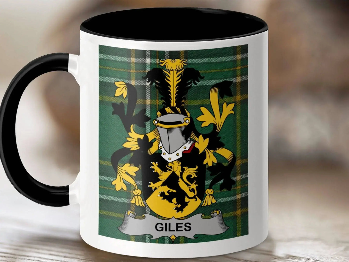 Giles Surname Family Crest Irish Tartan Mug - Celtic Ancestry Gifts