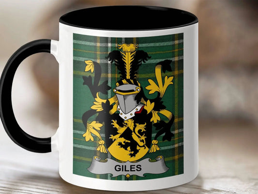 Giles Surname Family Crest Irish Tartan Mug - Celtic Ancestry Gifts