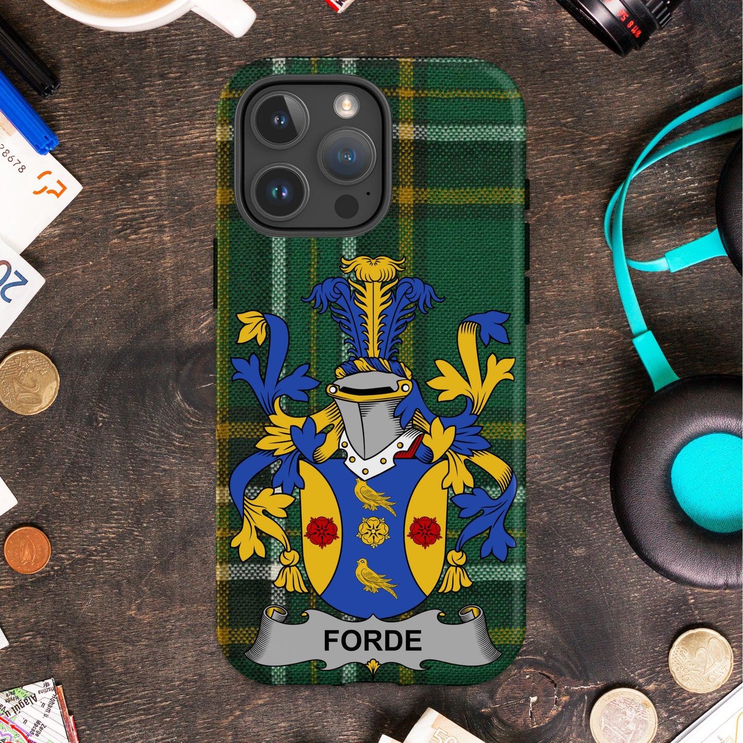 Forde Family Crest on Green Plaid Phone Case product