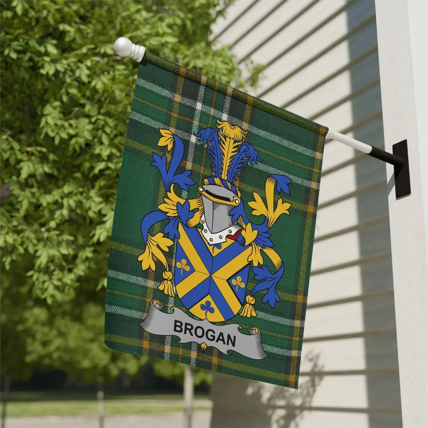 Brogan Family Crest House Flag with Green Plaid product