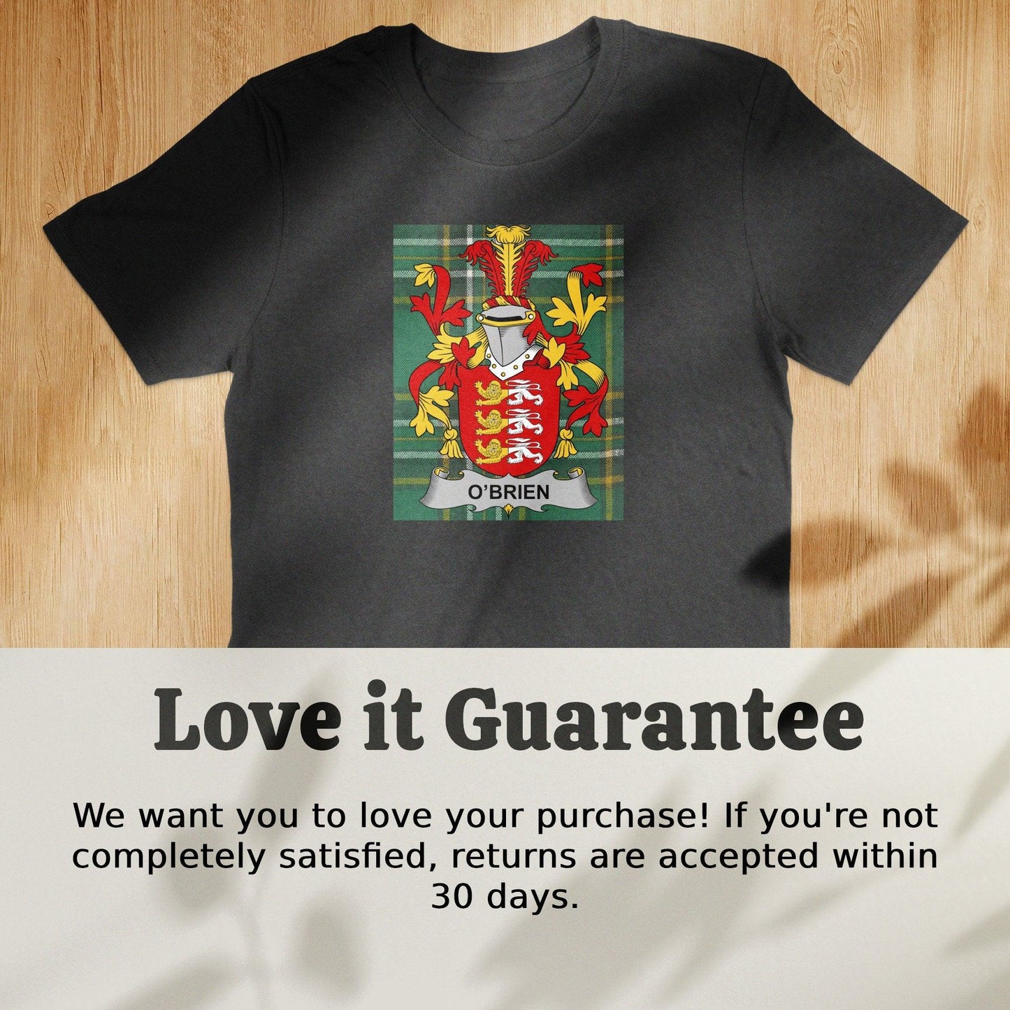 O'Brien Family Crest on Irish Tartan T-Shirt - Celtic Ancestry Gifts
