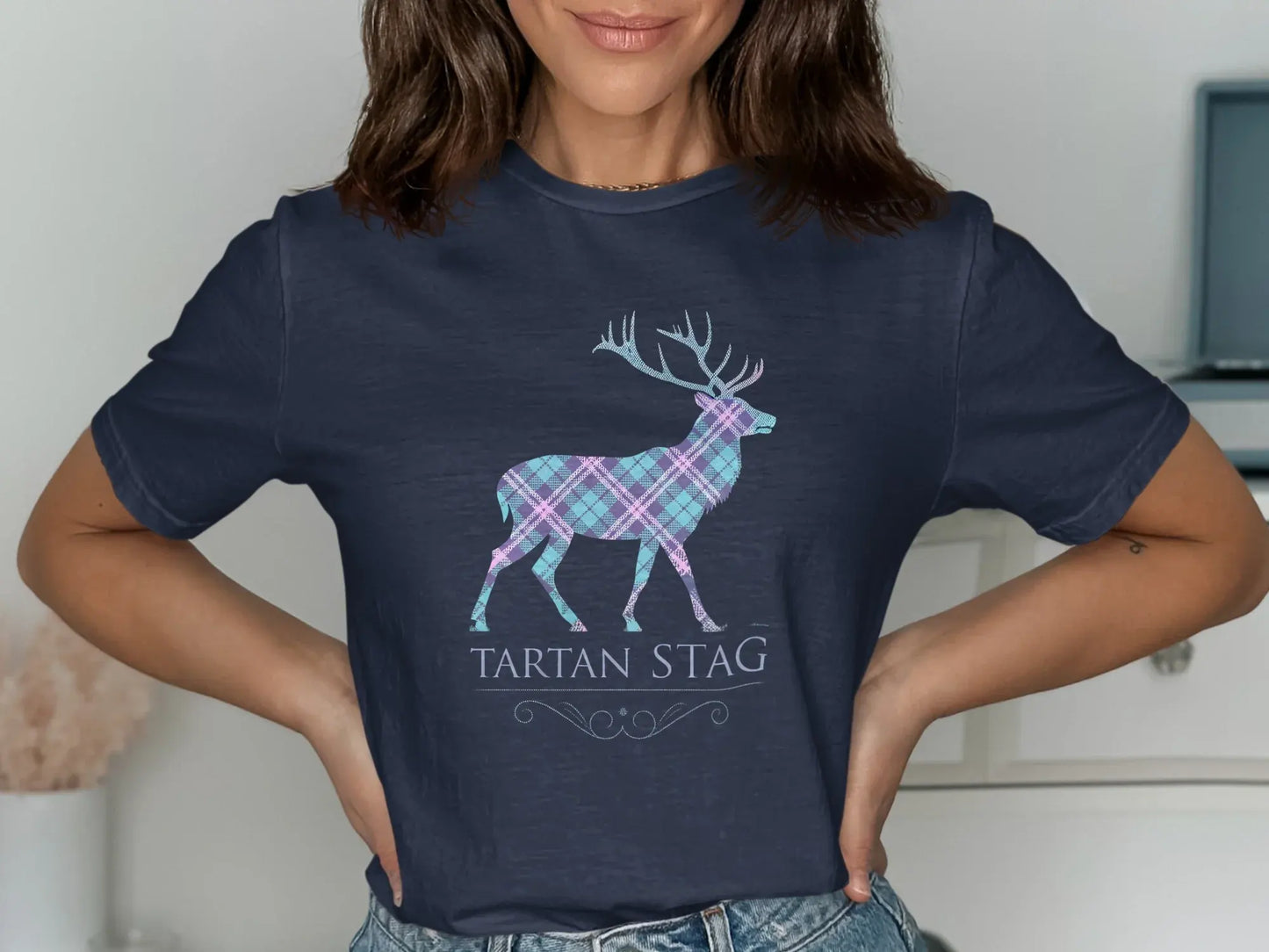 Tartan Stag Design on a Blue Short-Sleeve Shirt product