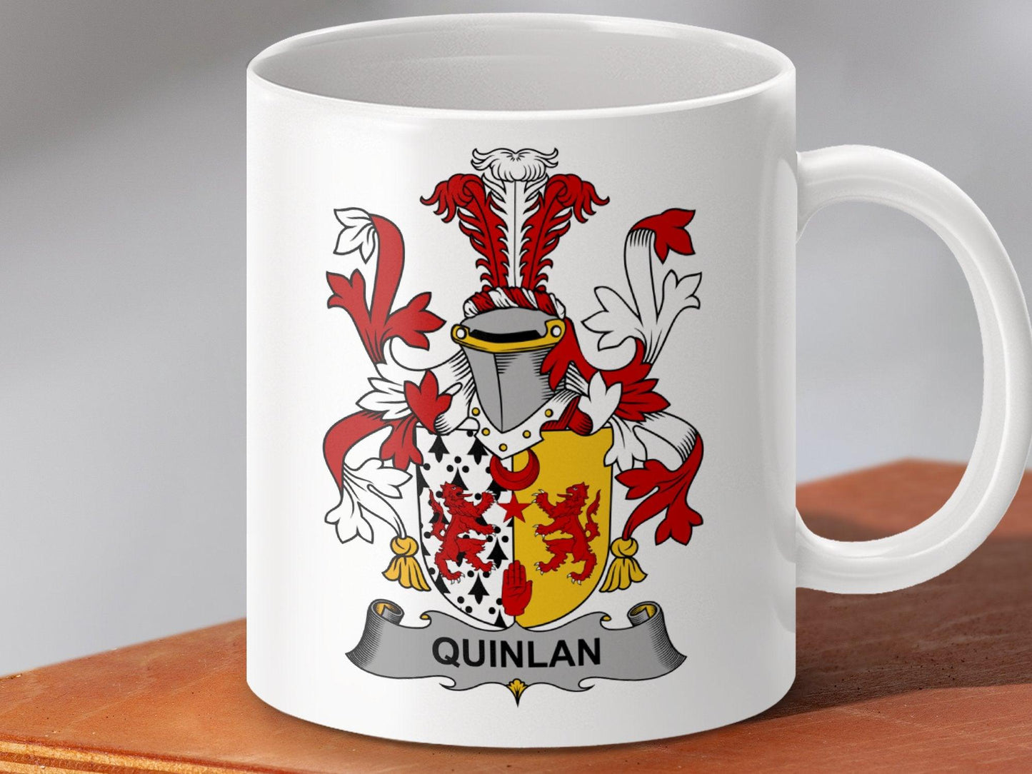 Quinlan Family Crest Coat Of Arms Shield Mug - Celtic Ancestry Gifts