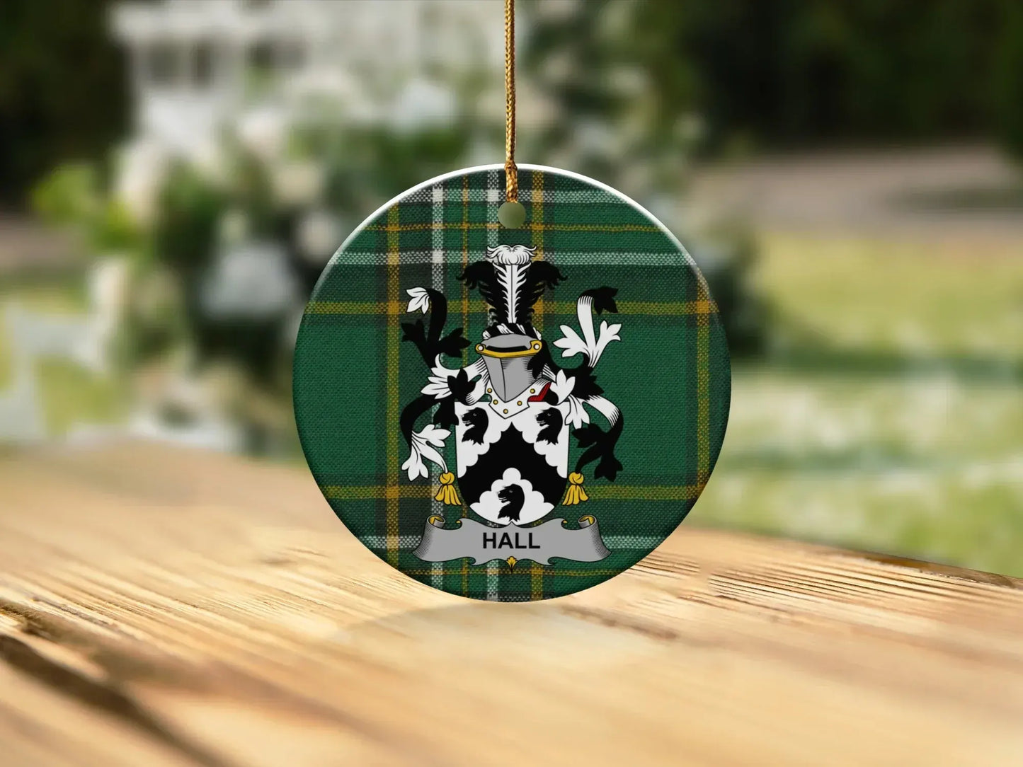 Hall Family Crest on Plaid Christmas Ornament product