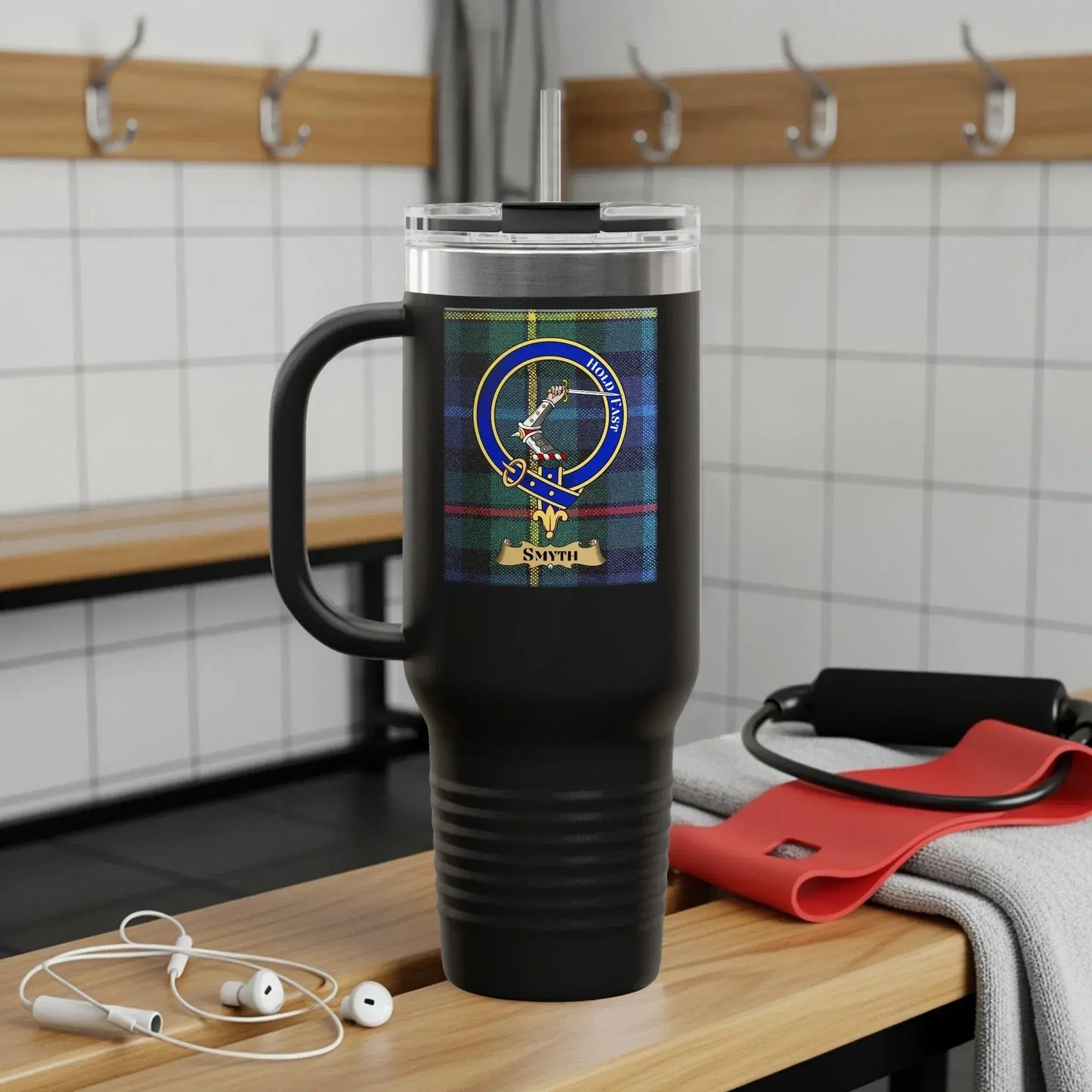 Personalized Black Travel Mug with Clan Crest product type