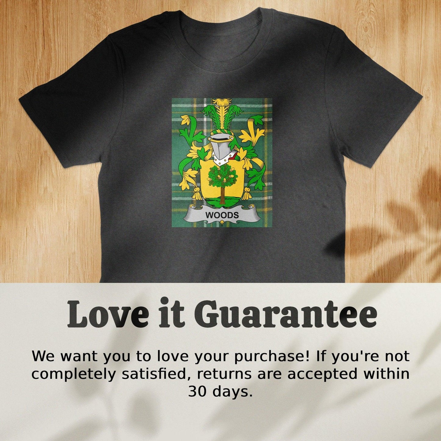 Woods Family Coat of Arms Irish Tartan T-Shirt - Celtic Ancestry Gifts
