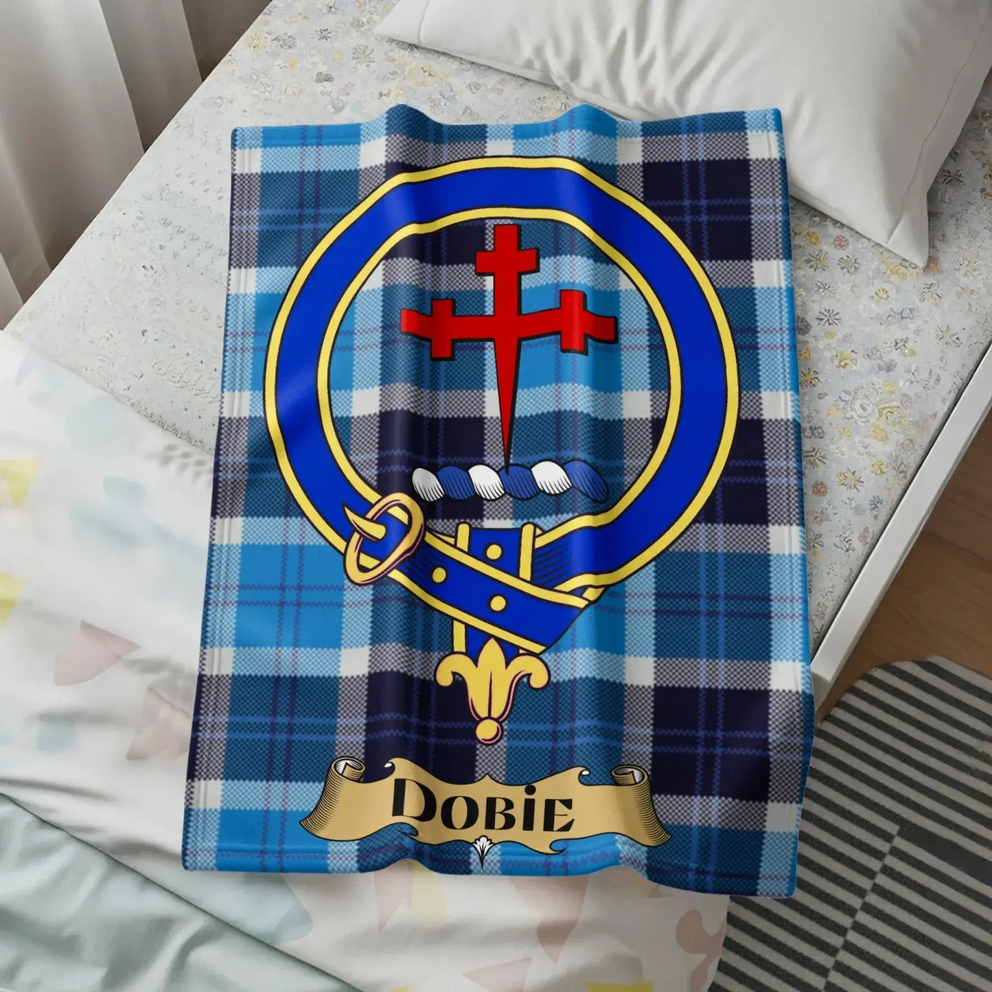 Blue Plaid Blanket with Cross and Dobie Design product