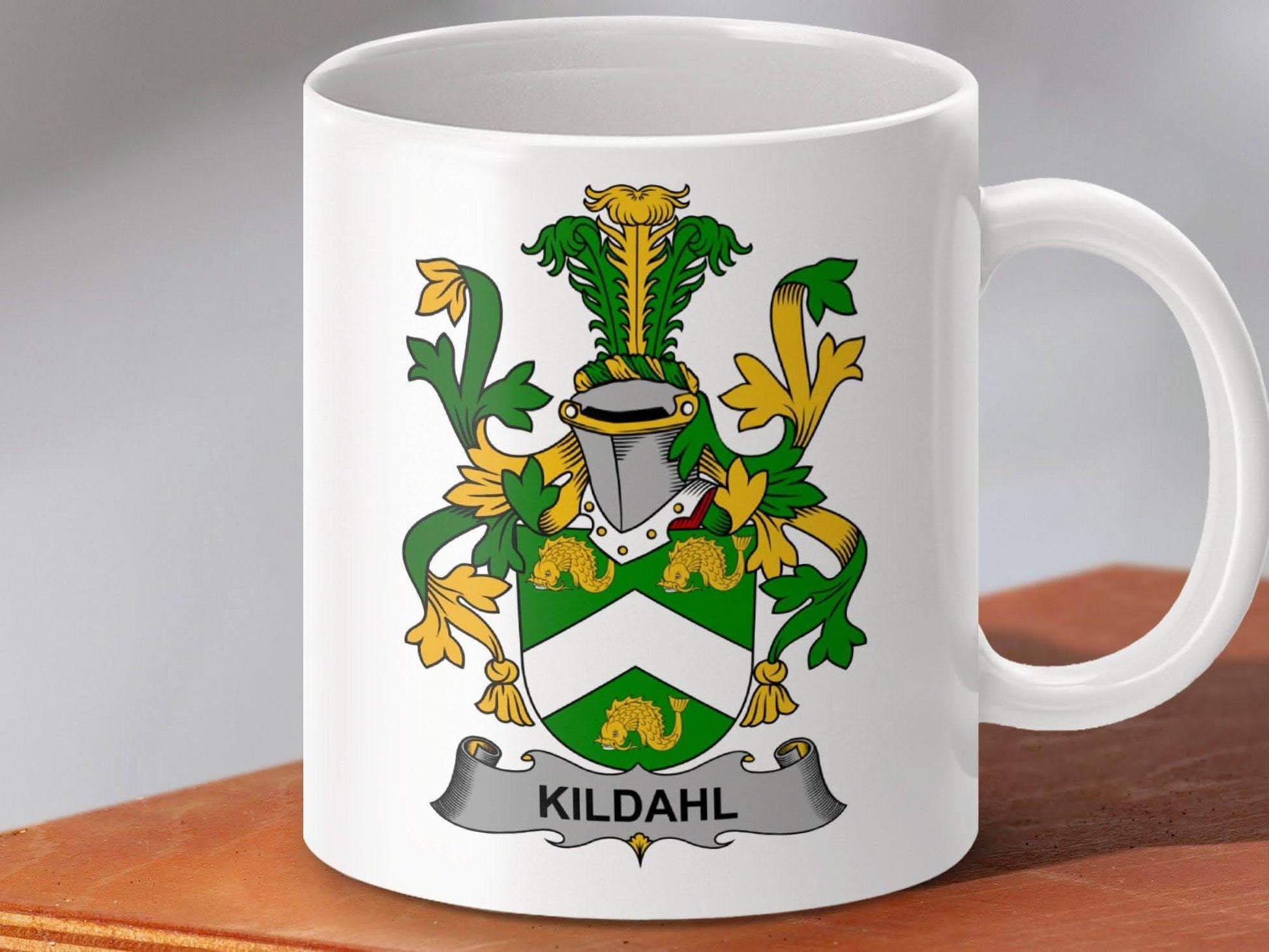 Kildahl Irish Surname Family Crest Coat of Arms Image Mug - Celtic Ancestry Gifts