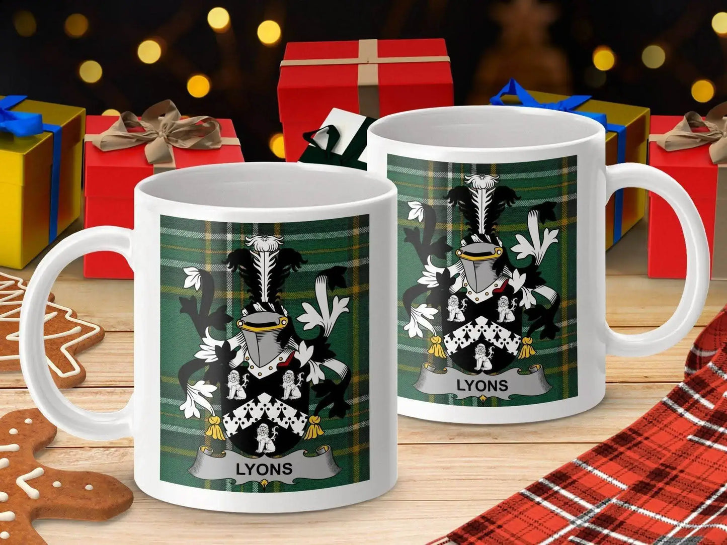 Lyons Surname Family Crest Irish Tartan Mug - Celtic Ancestry Gifts