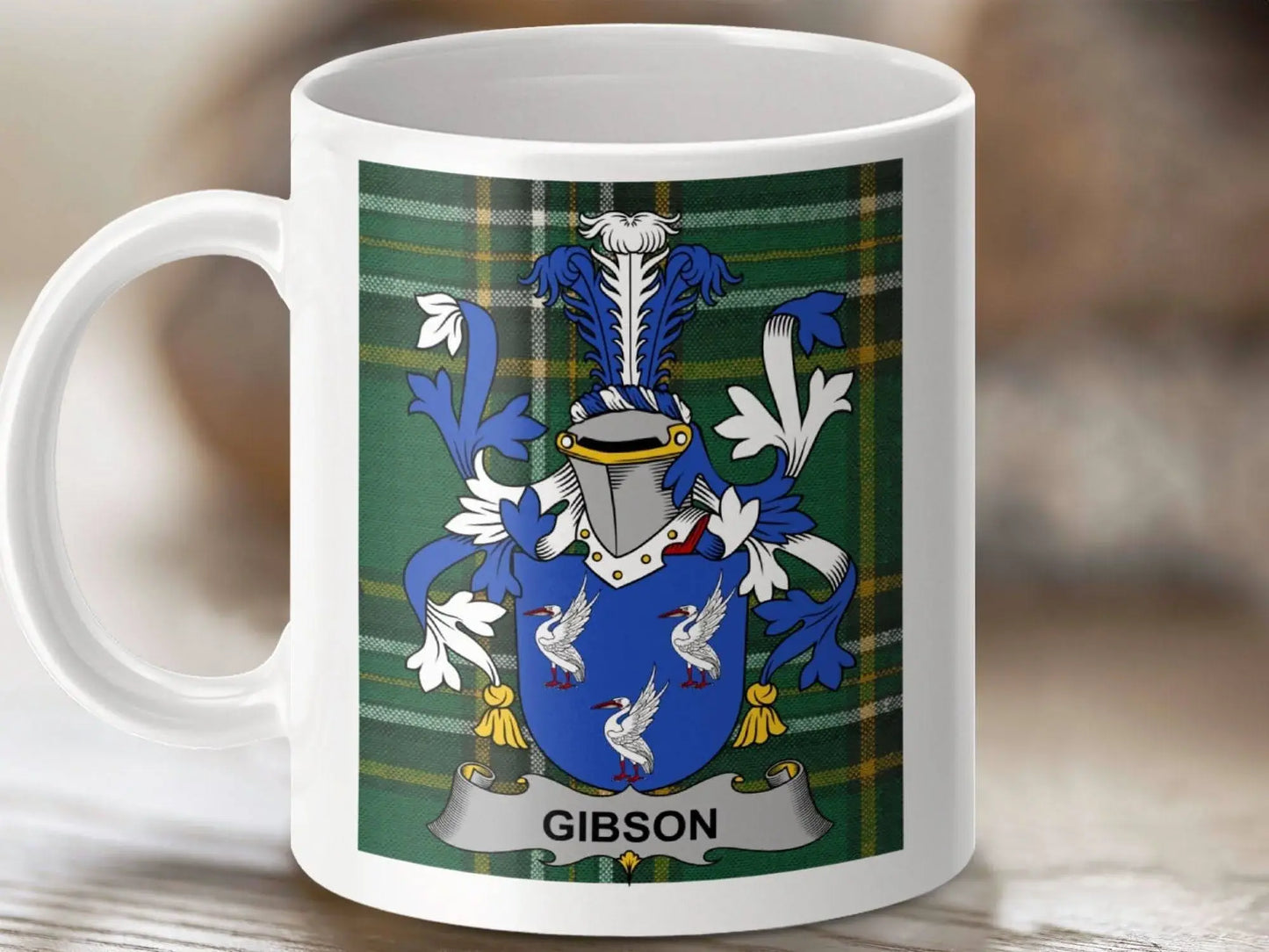 Gibson Surname Family Crest on Irish Tartan Background Mug - Celtic Ancestry Gifts