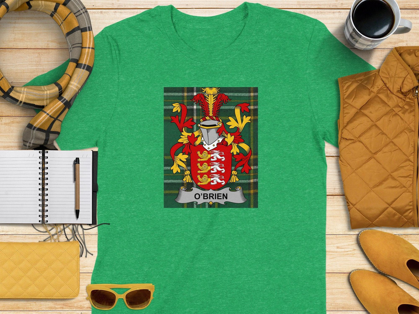 O'Brien Family Crest on Irish Tartan T-Shirt - Celtic Ancestry Gifts