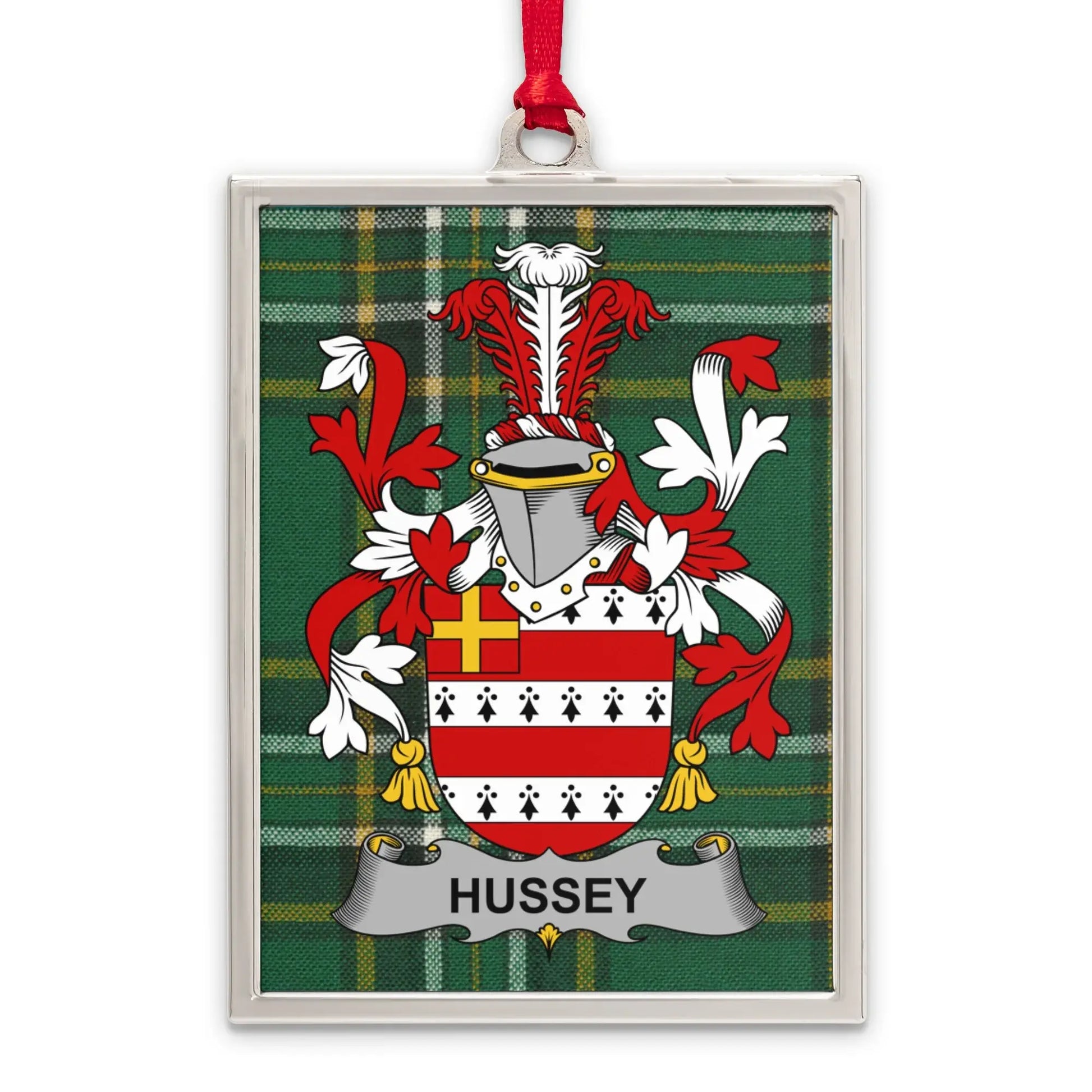 Hussey Family Crest on Plaid Background Ornament product