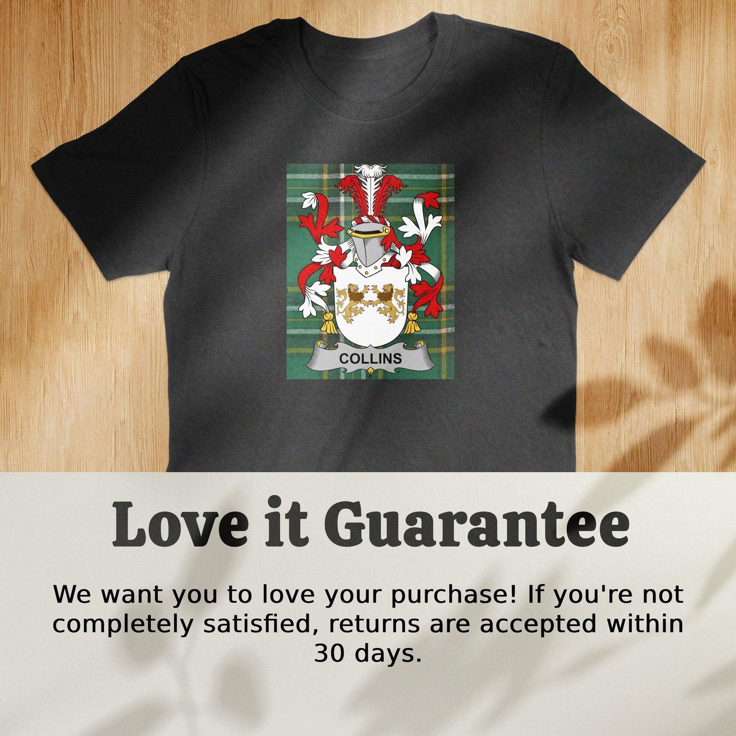Collins Coat of Arms on Irish National Tartan T-Shirt - Celtic Ancestry Gifts