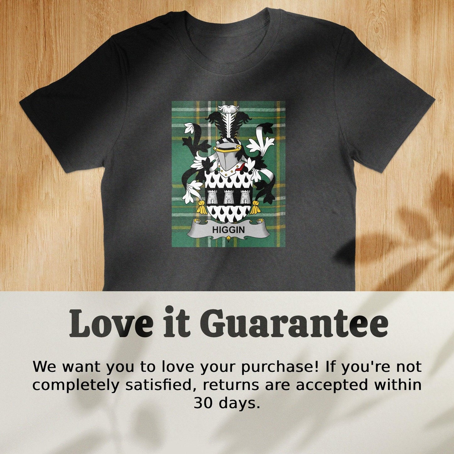Higgin Irish Family Crest on National Tartan T-Shirt - Celtic Ancestry Gifts