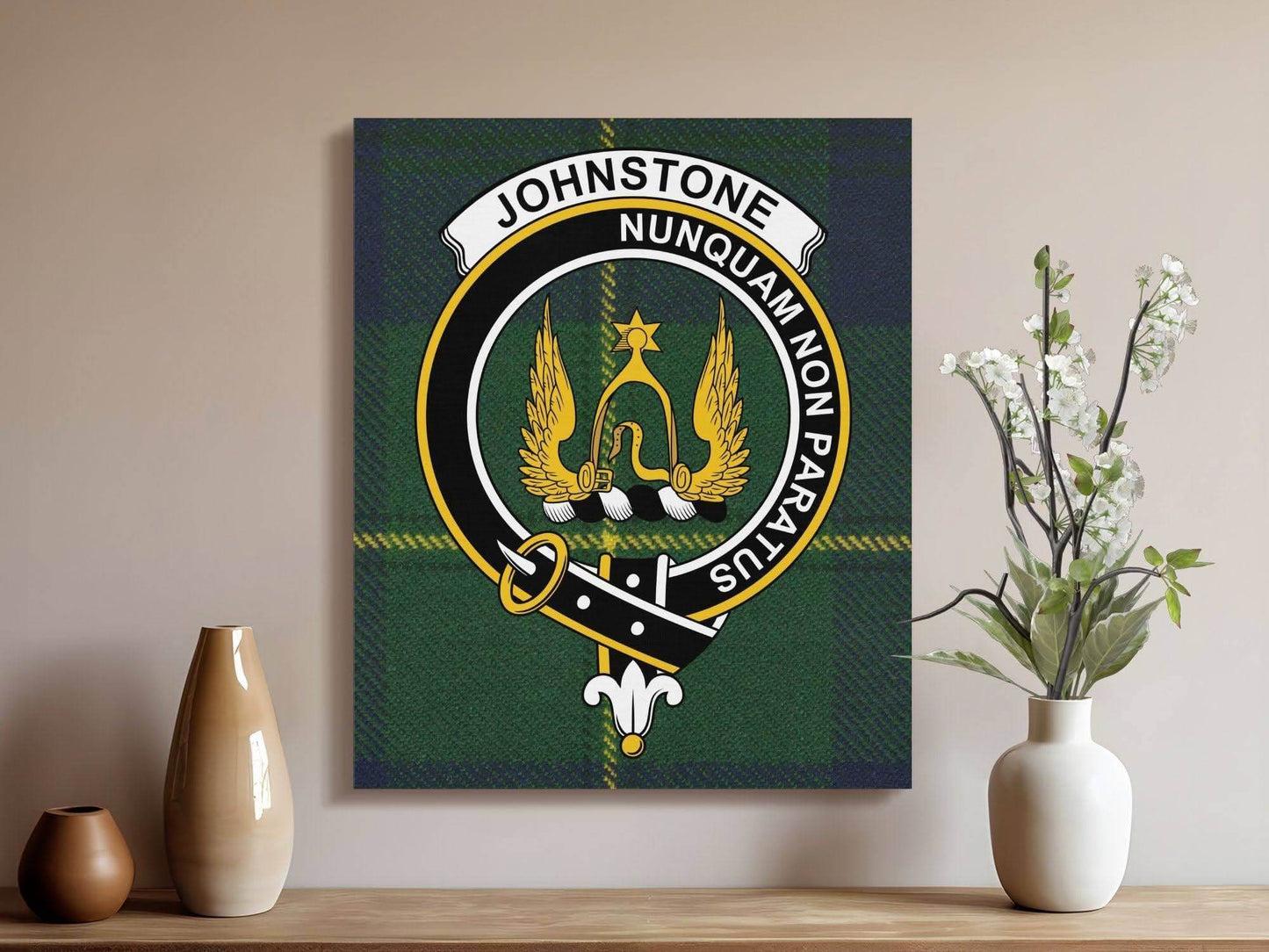 Johnstone Clan Crest Tartan Art Canvas - Celtic Ancestry Gifts