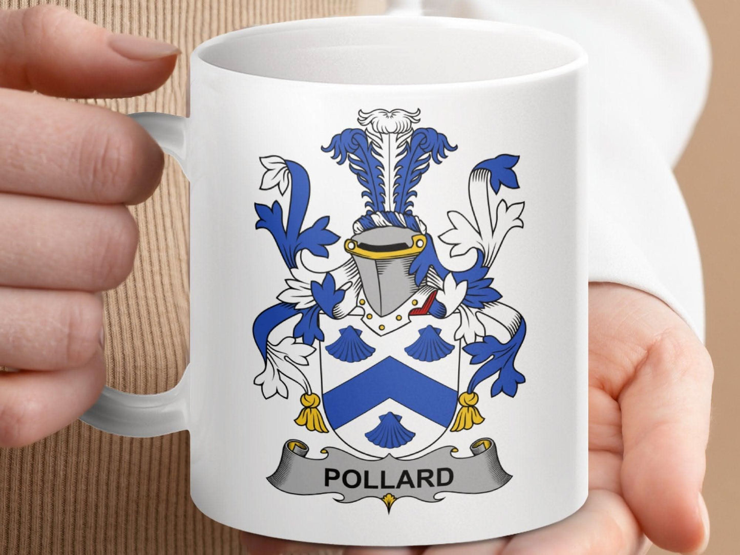 Pollard Surname Blue and White Family Crest Mug - Celtic Ancestry Gifts