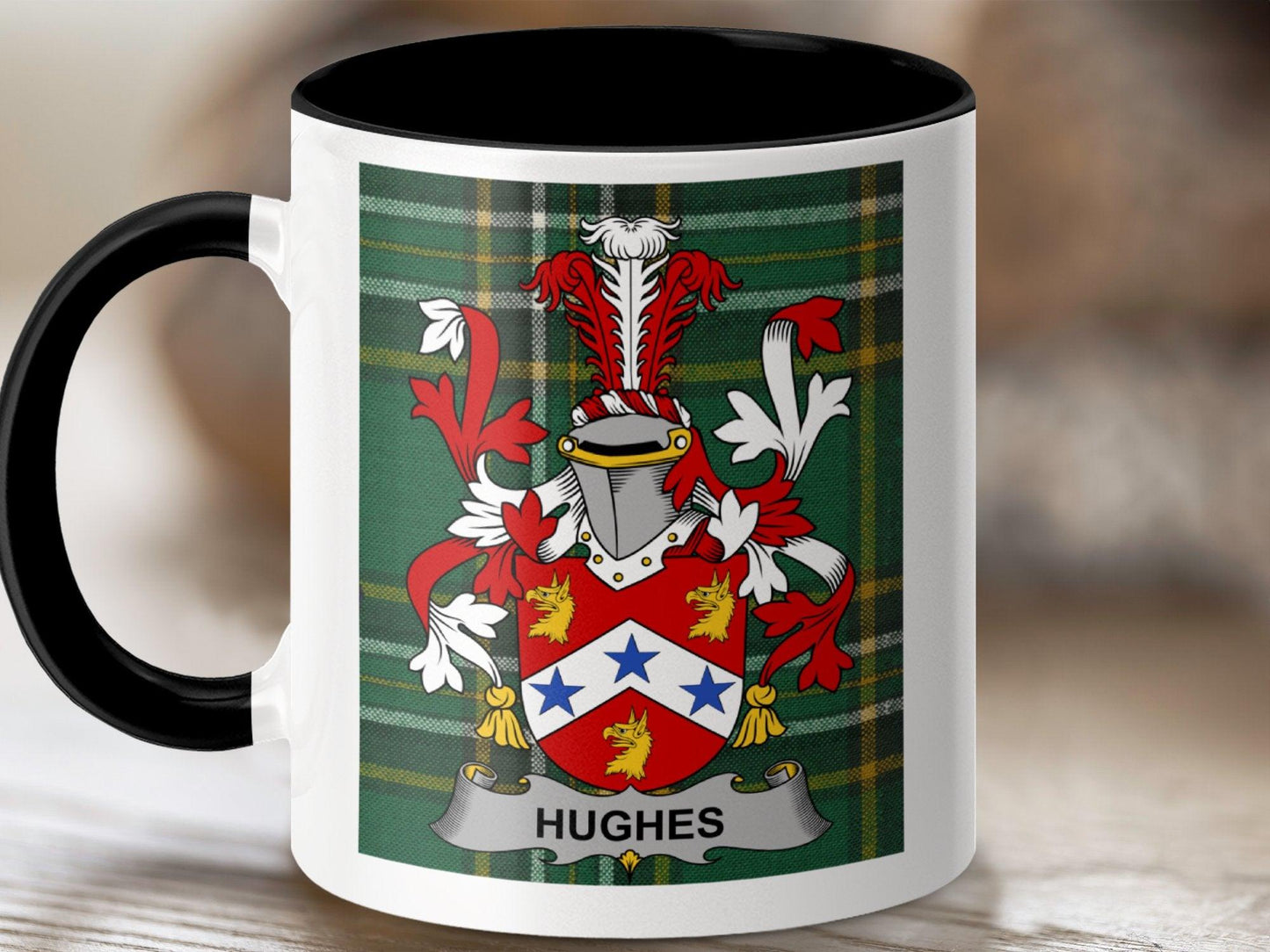 Hughes Surname Family Crest Irish Tartan Mug - Celtic Ancestry Gifts