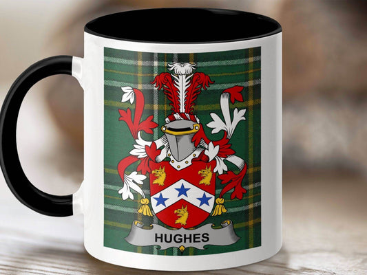 Hughes Surname Family Crest Irish Tartan Mug - Celtic Ancestry Gifts