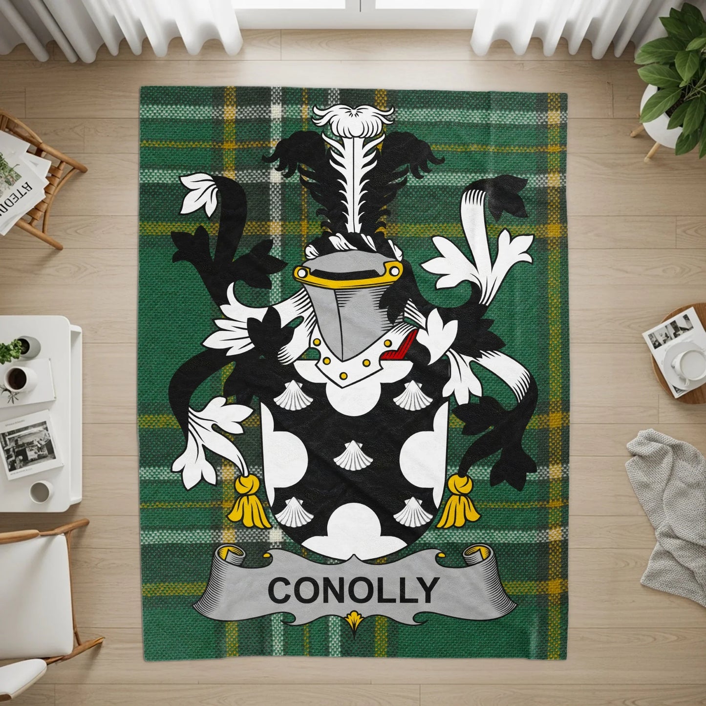 Conolly Family Crest with Plaid Background Rug product