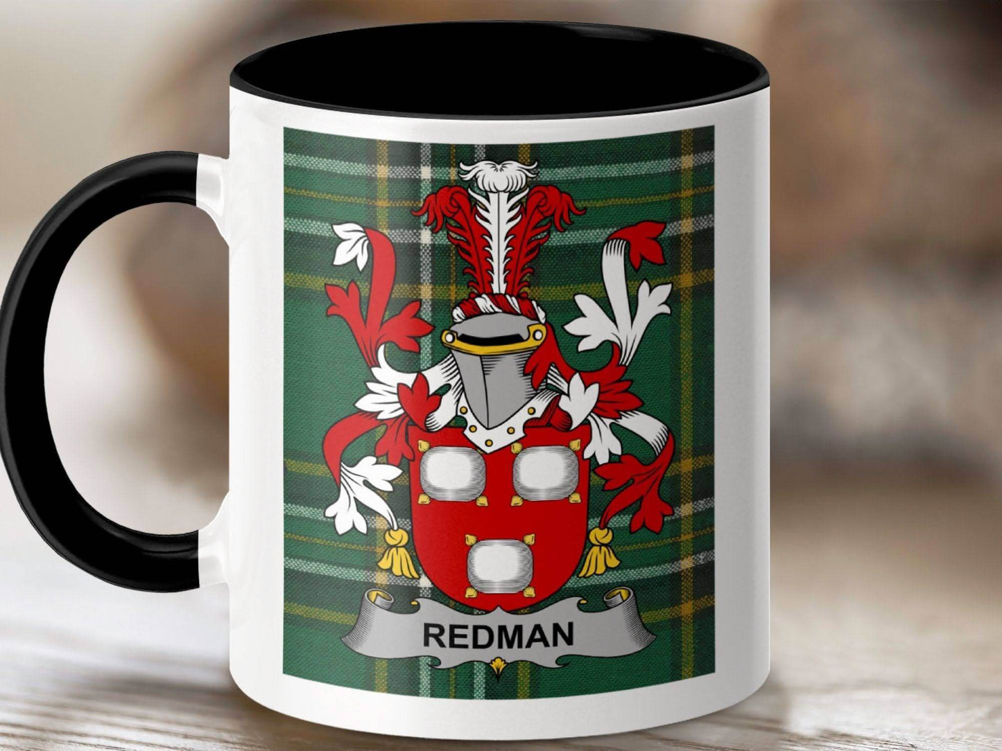 Redman Surname Family Crest Irish Tartan Mug - Celtic Ancestry Gifts