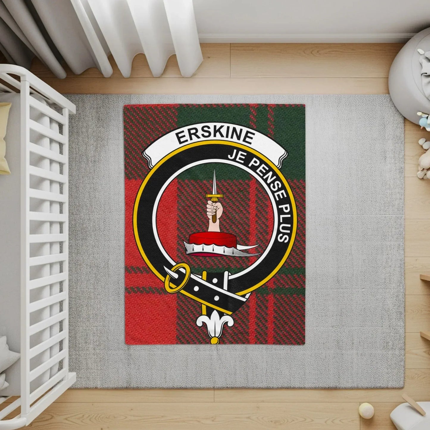 Je Pense Plus Crest Pattern Nursery Area Rug product type