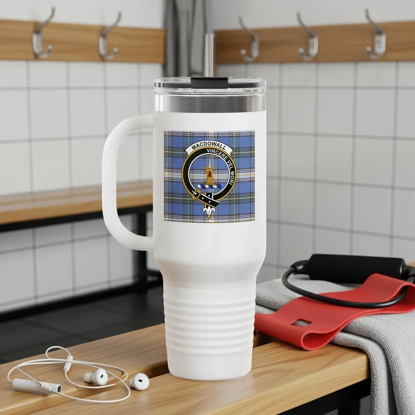 Macdowall Travel Mug with Blue Plaid Design product type