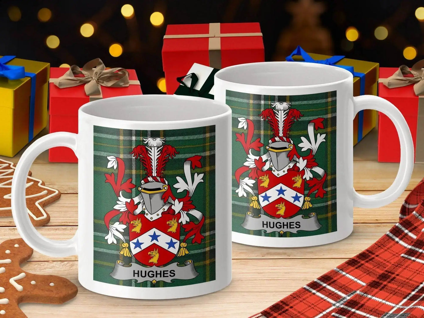 Hughes Surname Family Crest Irish Tartan Mug - Celtic Ancestry Gifts