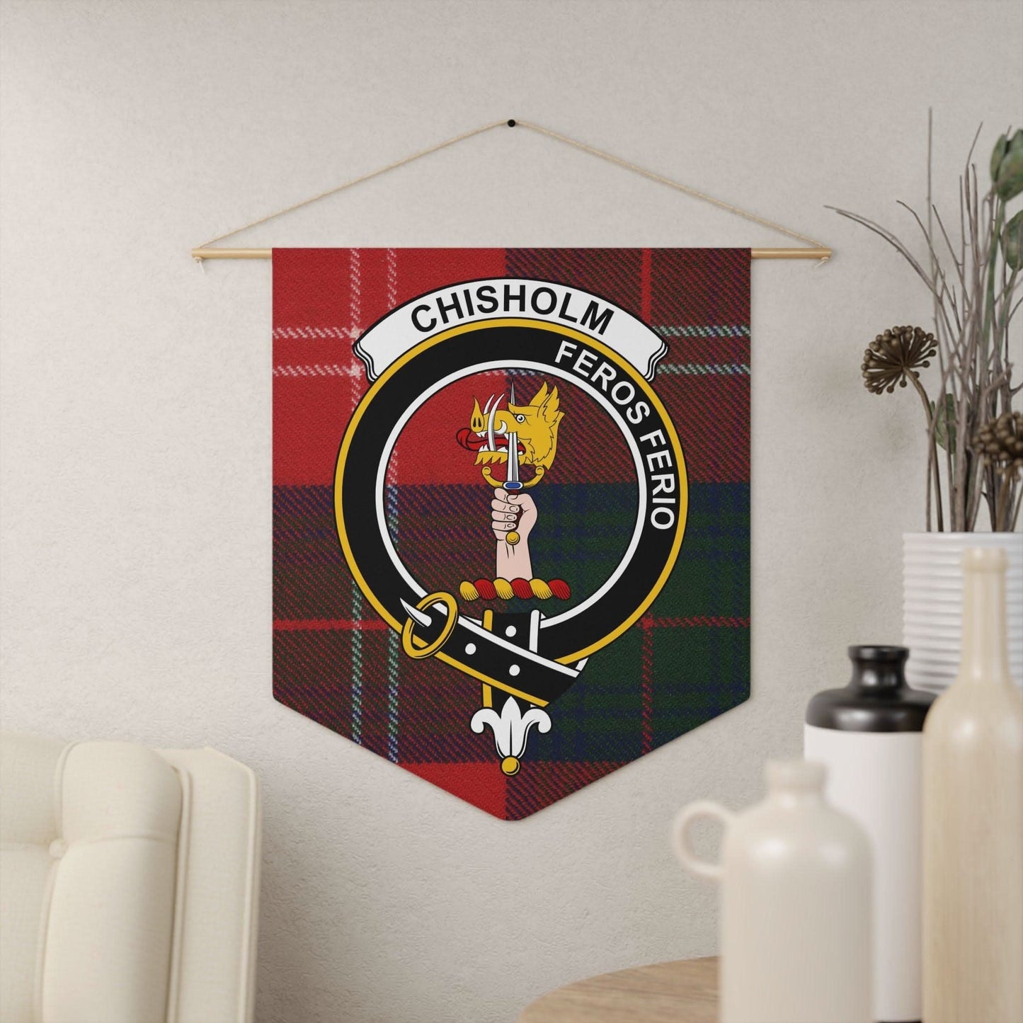 Chisholm Clan Scottish Tartan and Crest Wall Pennant - Celtic Ancestry Gifts