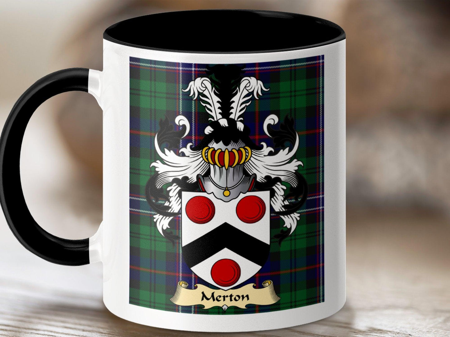 Merton Clan Surname Coat Of Arms Tartan Mug - Celtic Ancestry Gifts